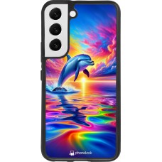 Coque Samsung Galaxy S22 - Silicone rigide noir Dauphin arc-en-ciel heureux