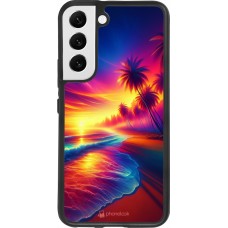 Coque Samsung Galaxy S22 - Silicone rigide noir Plage coucher soleil flashy