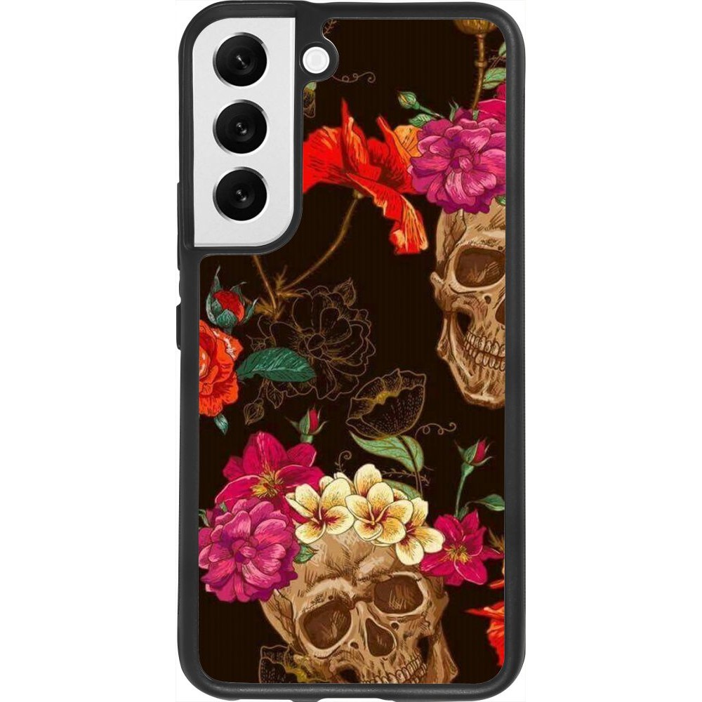 Coque Samsung Galaxy S22 - Silicone rigide noir Skulls and flowers