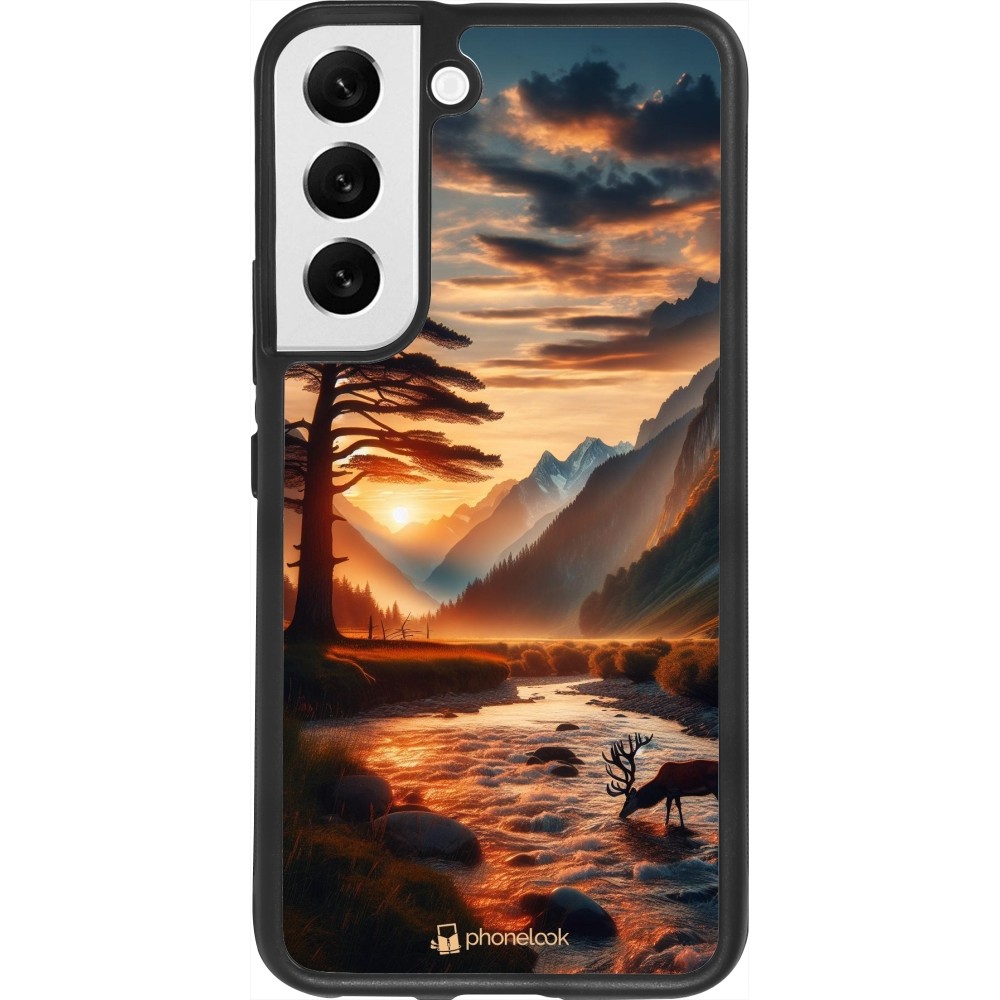 Coque Samsung Galaxy S22 - Silicone rigide noir Valley Sunset Deer Tree