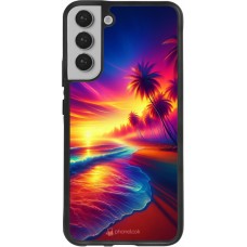 Coque Samsung Galaxy S22+ - Silicone rigide noir Plage coucher soleil flashy