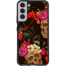 Coque Samsung Galaxy S22+ - Silicone rigide noir Skulls and flowers