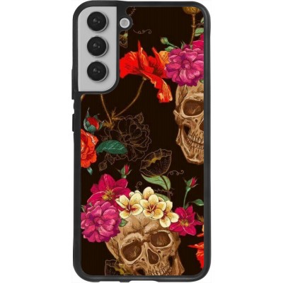 Hülle Samsung Galaxy S22+ - Silikon schwarz Skulls and flowers