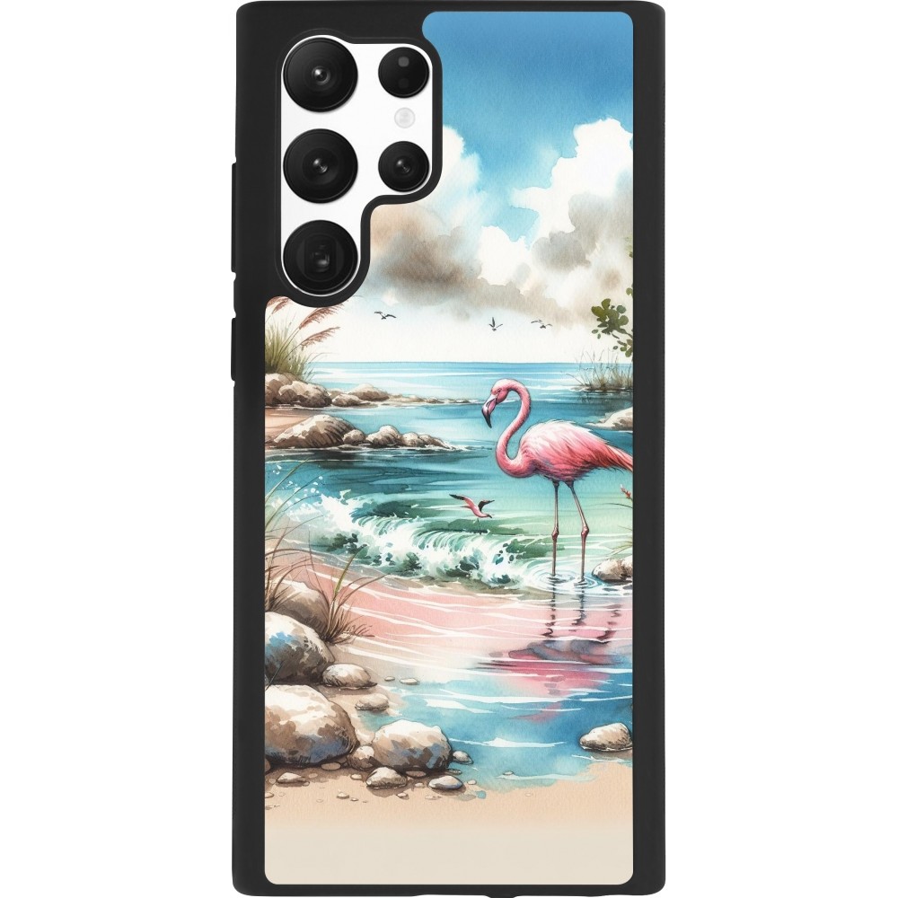 Coque Samsung Galaxy S22 Ultra - Silicone rigide noir Flamant rose aquarelle