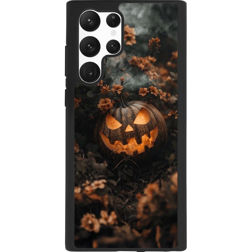 Coque Samsung Galaxy S22 Ultra - Silicone rigide noir Halloween 2025 Pumpkin with flowers