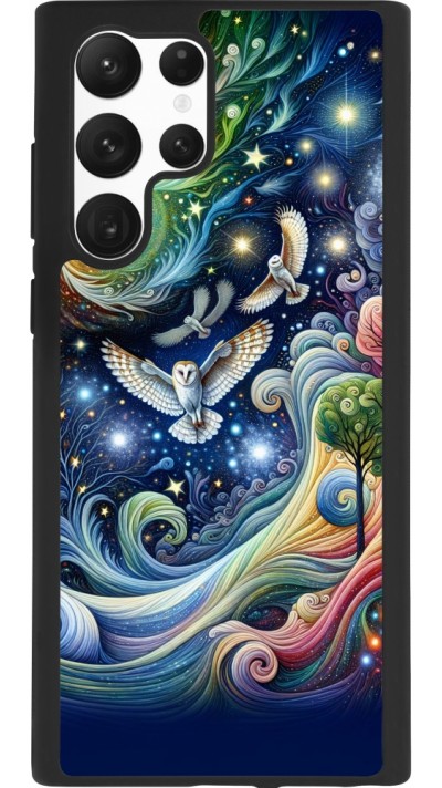 Coque Samsung Galaxy S22 Ultra - Silicone rigide noir hibou volant floral