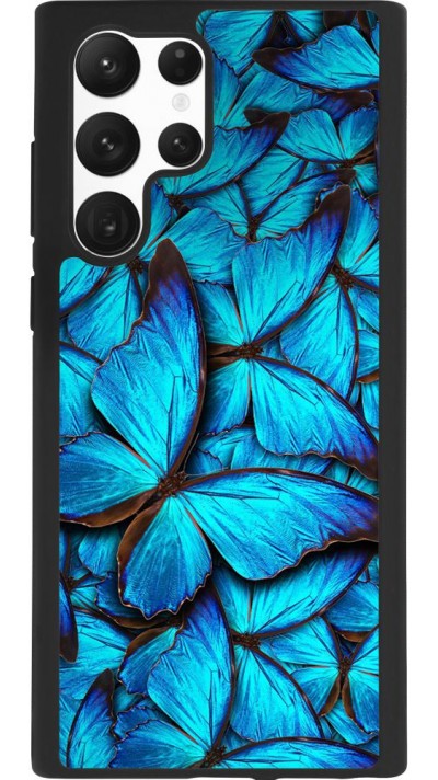 Coque Samsung Galaxy S22 Ultra - Silicone rigide noir Papillon - Bleu