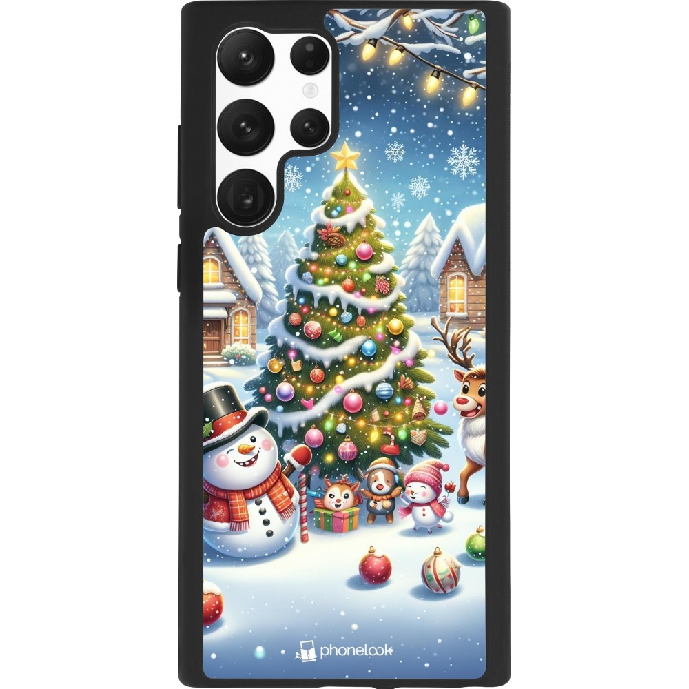 Coque Samsung Galaxy S22 Ultra - Silicone rigide noir Noël 2023 bonhomme de neige et sapin