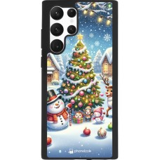 Coque Samsung Galaxy S22 Ultra - Silicone rigide noir Noël 2023 bonhomme de neige et sapin