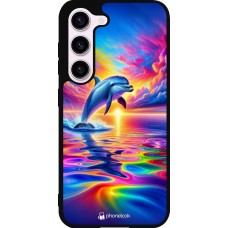 Coque Samsung Galaxy S23 - Silicone rigide noir Dauphin arc-en-ciel heureux
