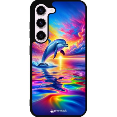 Coque Samsung Galaxy S23 - Silicone rigide noir Dauphin arc-en-ciel heureux