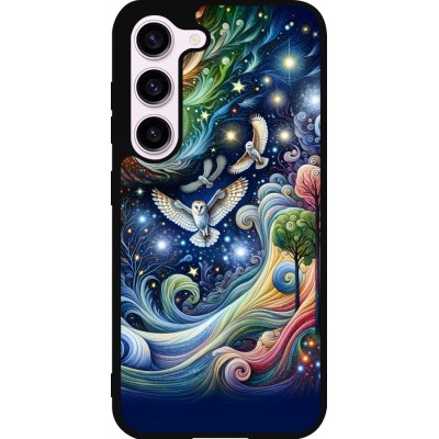 Coque Samsung Galaxy S23 - Silicone rigide noir hibou volant floral