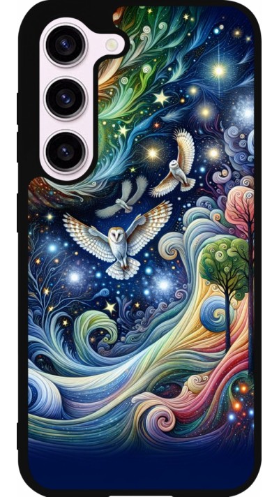 Coque Samsung Galaxy S23 - Silicone rigide noir hibou volant floral