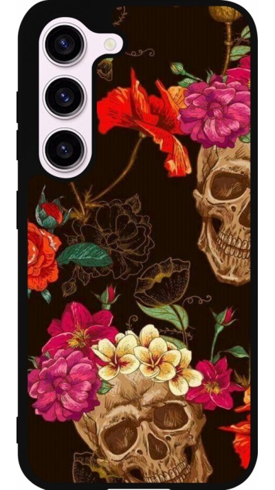 Samsung Galaxy S23 Case Hülle - Silikon schwarz Skulls and flowers