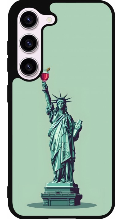 Coque Samsung Galaxy S23 - Silicone rigide noir Wine Statue de la liberté avec un verre de vin