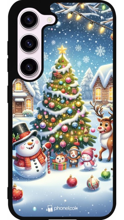 Coque Samsung Galaxy S23 - Silicone rigide noir Noël 2023 bonhomme de neige et sapin