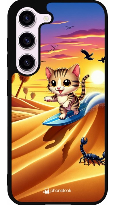 Coque Samsung Galaxy S23 FE - Silicone rigide noir Chat surfeur au soleil
