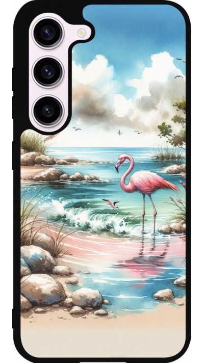Coque Samsung Galaxy S23 FE - Silicone rigide noir Flamant rose aquarelle