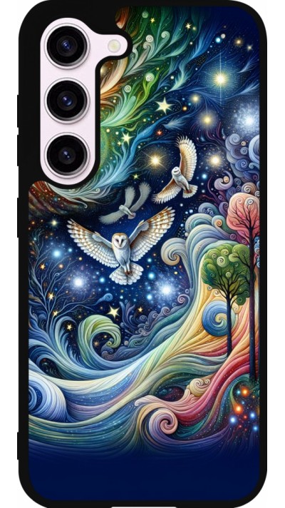 Coque Samsung Galaxy S23 FE - Silicone rigide noir hibou volant floral