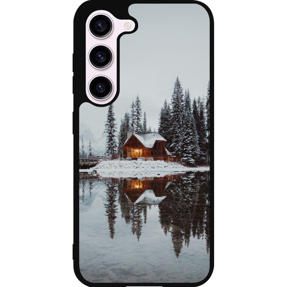 Coque Samsung Galaxy S23 FE - Silicone rigide noir Winter 25 Winter house forest afternoon