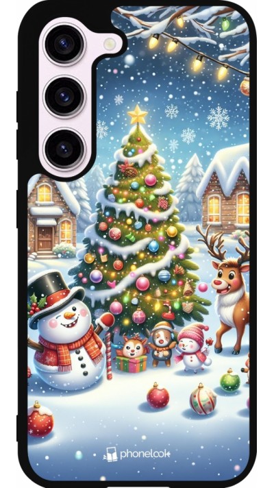Coque Samsung Galaxy S23 FE - Silicone rigide noir Noël 2023 bonhomme de neige et sapin