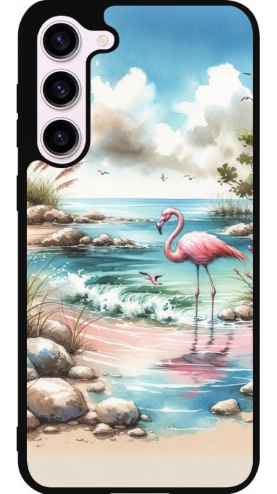 Coque Samsung Galaxy S23+ - Silicone rigide noir Flamant rose aquarelle