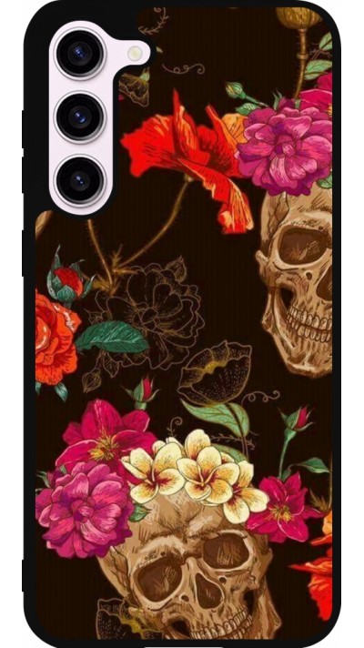 Coque Samsung Galaxy S23+ - Silicone rigide noir Skulls and flowers