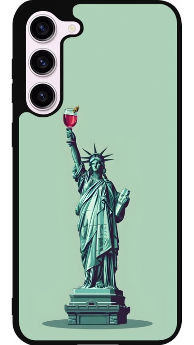 Coque Samsung Galaxy S23+ - Silicone rigide noir Wine Statue de la liberté avec un verre de vin