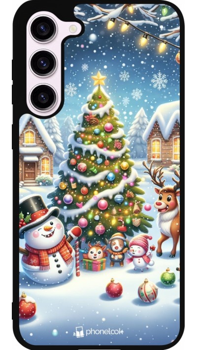 Coque Samsung Galaxy S23+ - Silicone rigide noir Noël 2023 bonhomme de neige et sapin