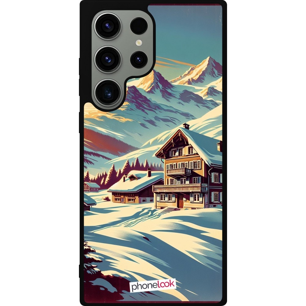 Coque Samsung Galaxy S23 Ultra - Silicone rigide noir Chalet montagne enneigée