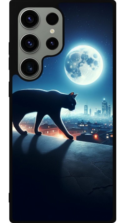 Coque Samsung Galaxy S23 Ultra - Silicone rigide noir Chat noir sous la pleine lune