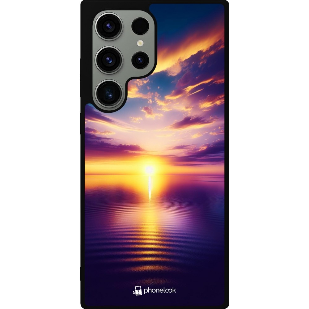 Coque Samsung Galaxy S23 Ultra - Silicone rigide noir Coucher soleil jaune violet