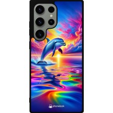 Coque Samsung Galaxy S23 Ultra - Silicone rigide noir Dauphin arc-en-ciel heureux