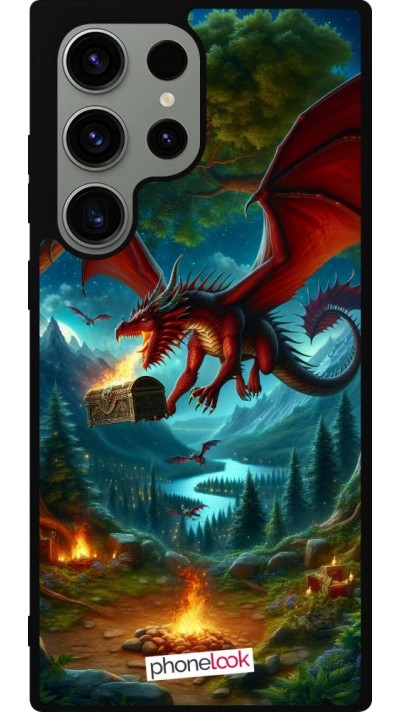 Coque Samsung Galaxy S23 Ultra - Silicone rigide noir Dragon Volant Forêt Trésor