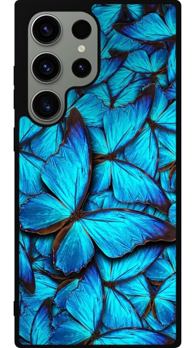 Coque Samsung Galaxy S23 Ultra - Silicone rigide noir Papillon bleu