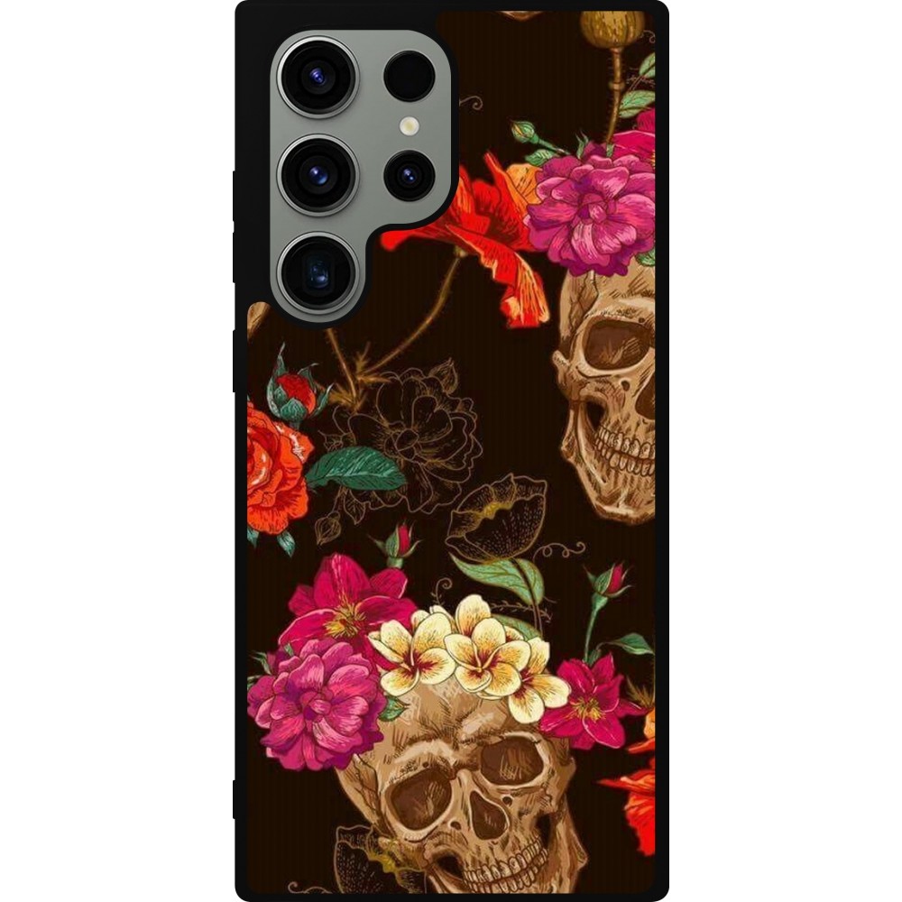 Samsung Galaxy S23 Ultra Case Hülle - Silikon schwarz Skulls and flowers