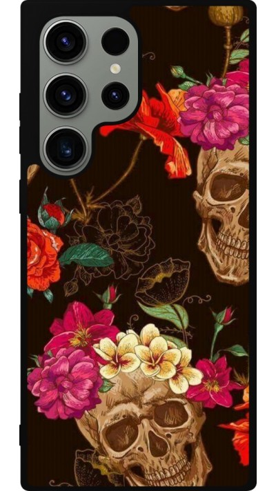 Samsung Galaxy S23 Ultra Case Hülle - Silikon schwarz Skulls and flowers