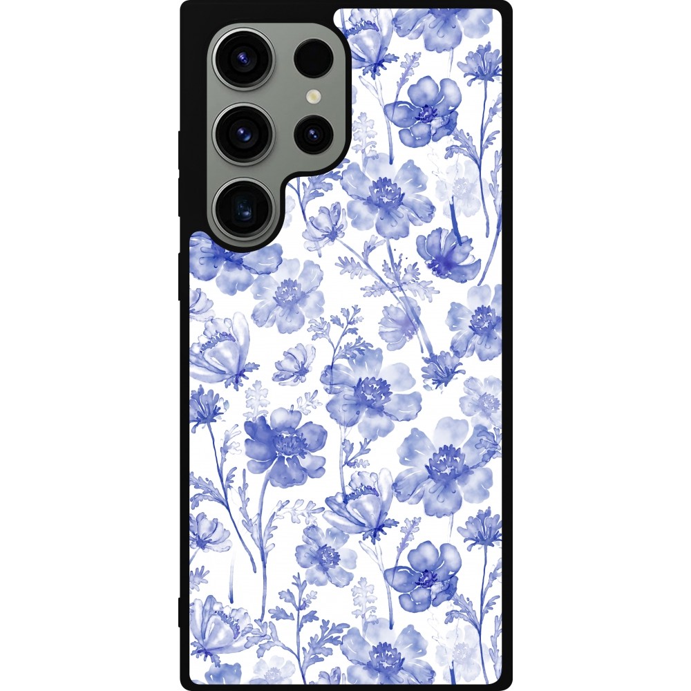 Samsung Galaxy S23 Ultra Case Hülle - Silikon schwarz Spring 23 watercolor blue flowers
