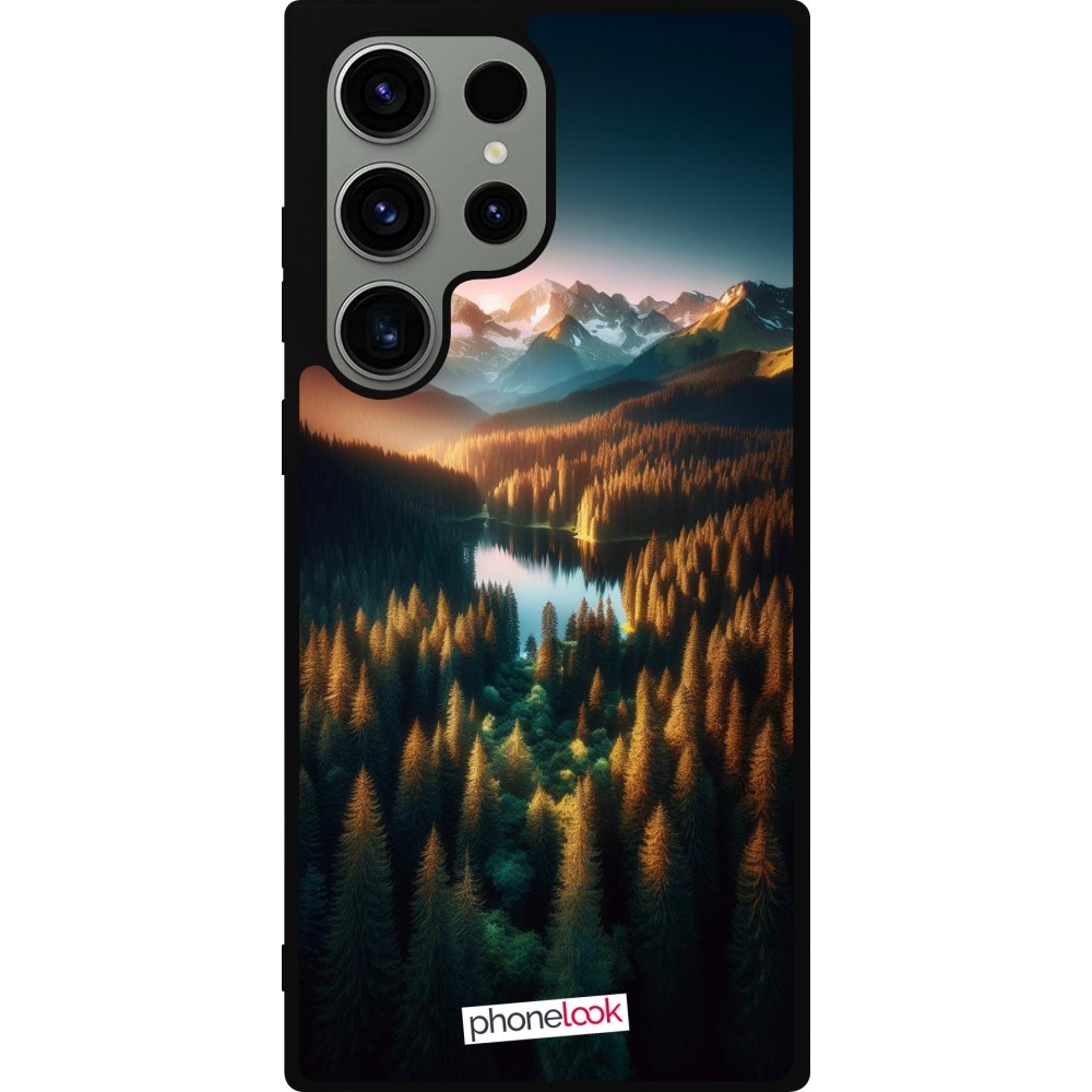 Samsung Galaxy S23 Ultra Case Hülle - Silikon schwarz Sonnenuntergang Waldsee