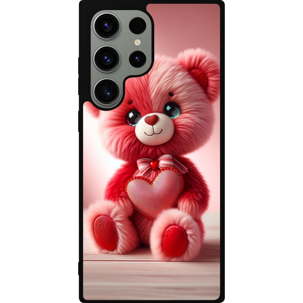 Coque Samsung Galaxy S23 Ultra - Silicone rigide noir Valentine 2024 Ourson rose