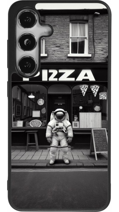 Coque Samsung Galaxy S24 - Silicone rigide noir Astronaute devant une Pizzeria
