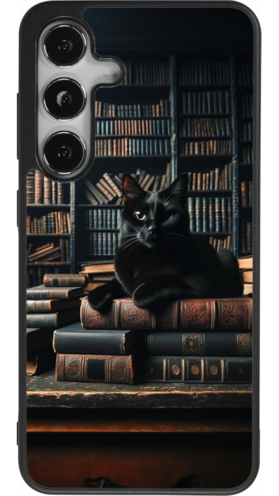 Coque Samsung Galaxy S24 - Silicone rigide noir Chat livres sombres