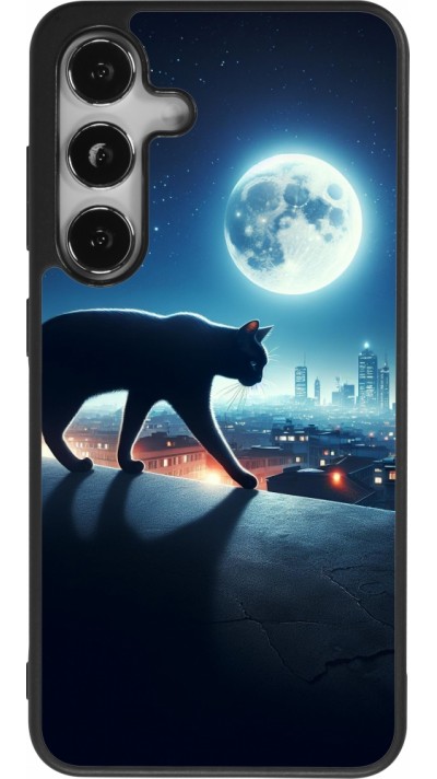 Coque Samsung Galaxy S24 - Silicone rigide noir Chat noir sous la pleine lune