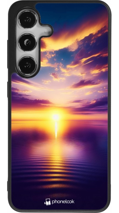 Coque Samsung Galaxy S24 - Silicone rigide noir Coucher soleil jaune violet