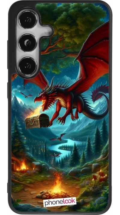 Coque Samsung Galaxy S24 - Silicone rigide noir Dragon Volant Forêt Trésor