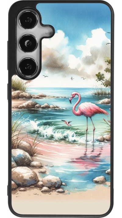 Coque Samsung Galaxy S24 - Silicone rigide noir Flamant rose aquarelle