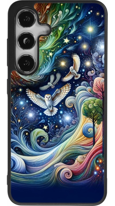 Coque Samsung Galaxy S24 - Silicone rigide noir hibou volant floral