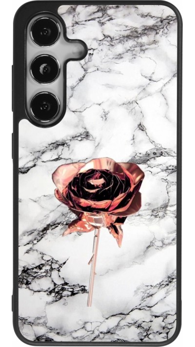 Coque Samsung Galaxy S24 - Silicone rigide noir Marble Rose Gold