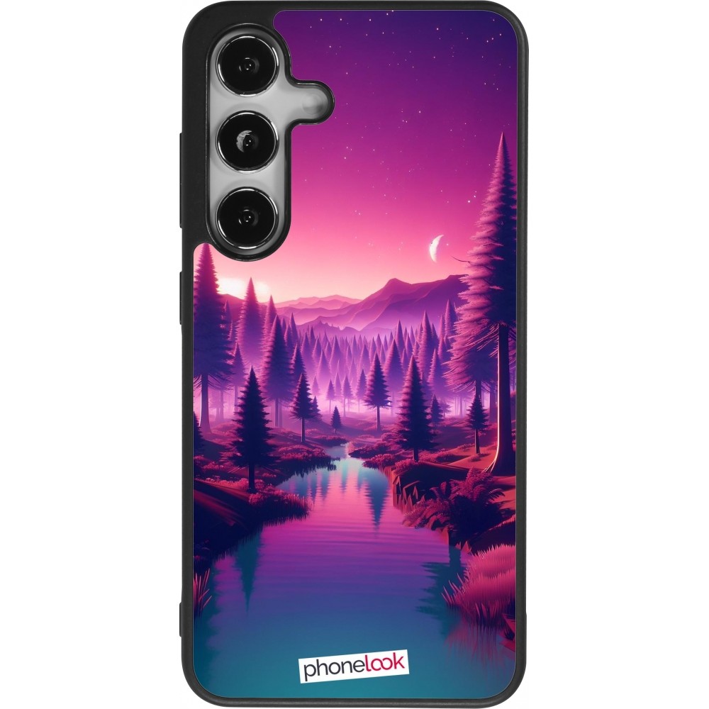 Coque Samsung Galaxy S24 - Silicone rigide noir Paysage Violet-Rose