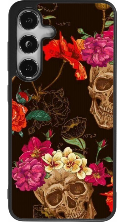 Coque Samsung Galaxy S24 - Silicone rigide noir Skulls and flowers